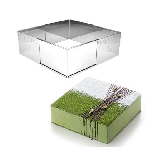 Guowall Adjustable Square Cake Mould, Stainless Steel Expandable Rectangular Baking Frame, Cake Tin for Mousse Cakes, Tiramisu, Height 3.94 Inch