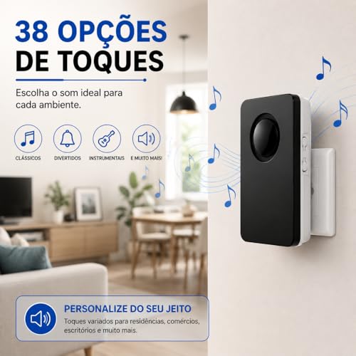 Campainha Sem Fio Bivolt à Prova d’Água Premium | 38 Toques | Alcance até 100m | Uso Residencial, Comercial ou Emergencial – Preto