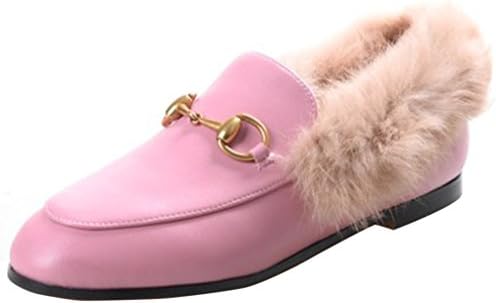 ENMAYER Women's Black Retro Fashion Loafers Round Toe Slip on Flat Outdoor Slippers with Furry and Buckle