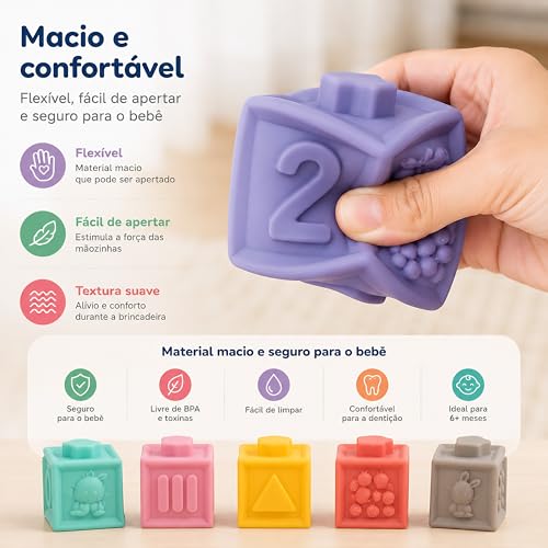 Blocos Sensoriais para Bebê 6M+ 12 Cubos Educativos para Empilhar | Números 0-9 e Símbolos Matemáticos – Brinquedo Didático com Texturas e Som