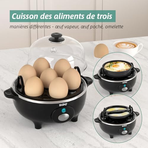 Cuiseur Oeuf, cuisinier d'œufs de 360 W, 7 œufs faciles à peler, œufs mollets, œufs moyens, œufs durs, poached, cuiseur vapeur, buzzer, lumière indicatrice, sans BPA