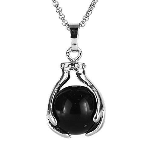 BEADNOVA Healing Natural Black Onyx Gemstone Necklace Crystal Ball Pendant Necklace with Stainless Steel Chain 18