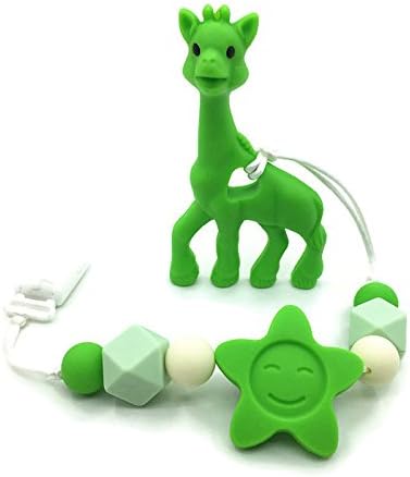 Silicone Beads Giraffe Teether Clip, Baby Teether Pacifier Giraffe, Silicone Teething Pacifier Necklace Hanging Toy ,Premium BPA-free 100% Food Grade Nursing Rainbow Beads Giraffe (Green)