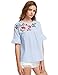 Floerns Women's Flower Embroidery Loose Casual Babydoll Top Blouse Blue White L