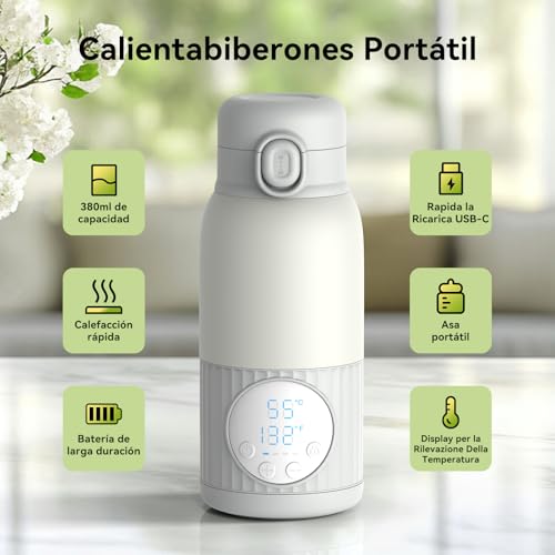 APZOKI Portable Baby Bottle Warmer 380ml Battery for Breast Milk Water 10000mAh Fast Heating Precise Temperature Control 100W Long Battery Life (Grey Green)