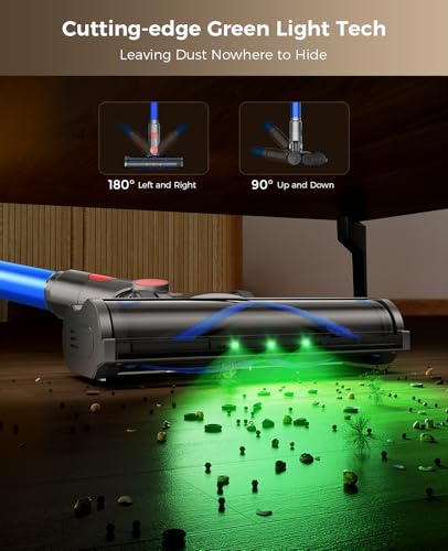 Cordless Vacuum Cleaner, 450W 40KPA Vacuum Cleaners for Home, 45Mins Lightweight Self-Standing Stick Vacuum with Advance Green Light, Rechargeable Battery Vac for Carpet, Pet Hair, Hardwood Floor-Blue