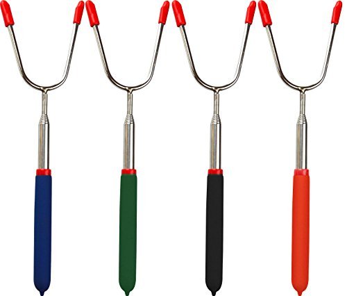Out&InDoors Marshmallow Roasting Sticks With 5 Extendable Lengths Multi Colored Handle Stainless Steel BBQ Forks, Set Of 4