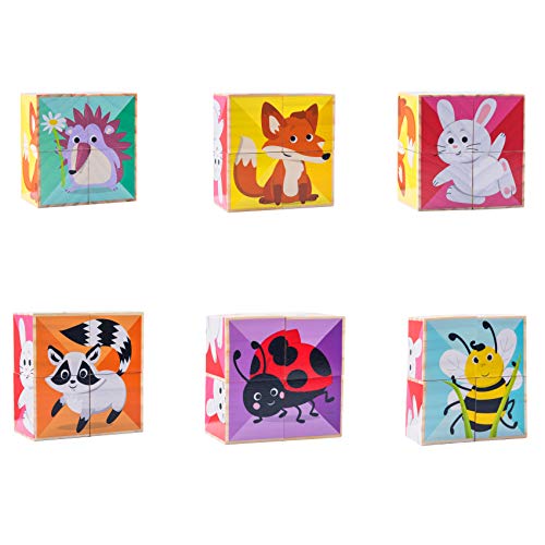CRUISTORE Toys 6 in 1 Wooden Big Cube Animal Puzzle Blocks | Rabbit,Fox,Raccoon,Bee,Ladybug,Hedgehog Patterns Blocks |Early Educational Toys for Babies Boys and Girls