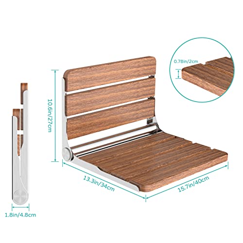 Heuffe Folding Wall Shower Chair – Capacity 200 kg Ergonomic Backrest, Non-Slip Elderly/Disabled, Folding Bench Sapeli Wood
