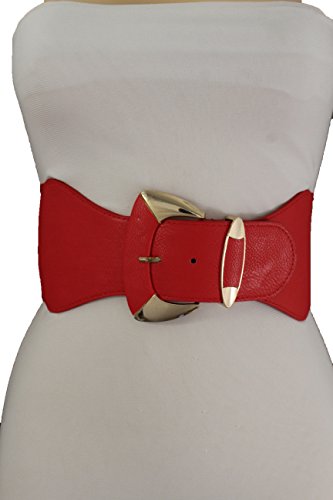 TFJ Women Fashion Wide Belt Elastic Hip High Waist Gold Metal Buckle Fits S M Red