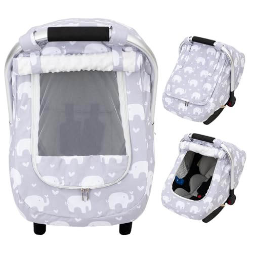Baby Car Seat Cover, Mink Warm Infant Car Seat Cover for Girls Boys, Universal Carseat Cover with Mesh Peep Window & Sun Shade, Baby Carrier Canopy Cover for Winter Autumn