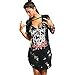 OMONSIM New Ladies Acid Wash Raw Power Printed Top Lace up Choker Neck T-Shirt Dress Women Dress (2, Medium)