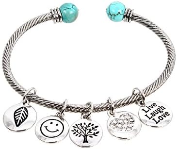 Antique Silver Tone Dangle Message Charm (Live,Laugh,Love,Tree of Life) Metal Cable Cuff Bracelet