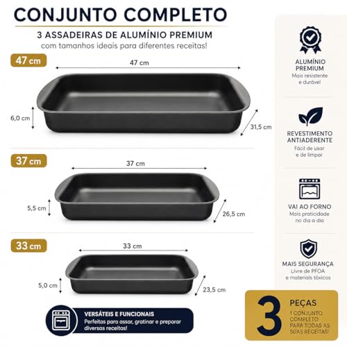 Jogo de Assadeiras de Alumínio com Revestimento Interno Antiaderente com 3 Peças Premium Cor Grafite Casa Buritis