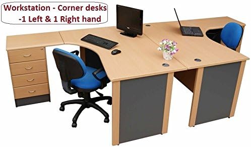 Workstation desks -2 x Corner Desk (1 Left & 1 Right Hand) with 4 Drawer Pedestal - (Beech/Dark Grey)