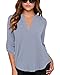 Face N Face Women's Summer V Neck Solid Loose Casual Cuffed Long Sleeve Blouses Light Blue L