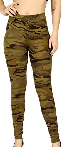 Womens Seamless Fleece High Weist Pattern Printed Nylon Stretch Leggings (Dark Forest Camo)