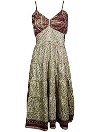 Women's Beach Dress Spaghetti Strap Printed Midi Dresses S/M (Beige, Maroon)