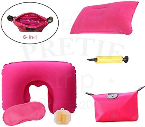 Pretie Trip Travel Comfort Kit Set:U shape Inflatable Neck Pillow (Travel Pillow), Eye Mask, Earplugs, Inflatable Back Pillow,Cosmetic Bag (5 Pcs Travel Set, Rose Pink)
