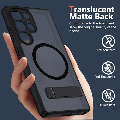 XTCASE Magnetic Case for Samsung Galaxy S25 Ultra 5G [Compatible with MagSafe], Translucent Matte Back Case with Adjustable Stand, Shockproof and Scratch Resistant Protection, Black