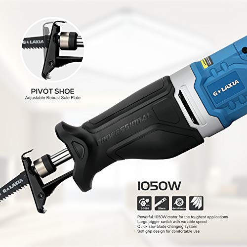 Reciprocating Saw, GALAXIA 9 Amps Professional Corded Sabre Saw with 4Pcs Blades 1-1/8"(28mm) Stroke Length, 0-2800SPM and 6" Max. cutting Depth in Wood and Metal Cutting
