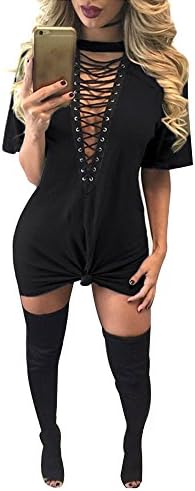 Sexy Women Club T-shirt Dress V neck Halter Lace Up Short Sleeve, Black, Large