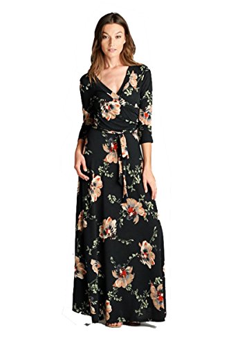 On Trend Women's Paris Bohemian 3/4 Sleeve Faux Wrap Long Maxi Resort...
