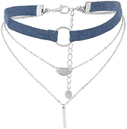 Layered Denim Choker Necklace for Women - Triple Layered Choker Necklace - Sexy Denim Choker with Two 14k Gold Plated or Sterling Silver Plated Charm Adorned Chains