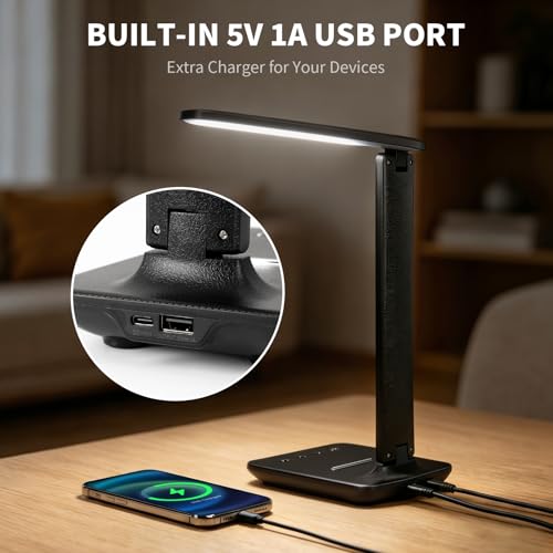 YAMYONE Lámpara de Escritorio LED con Puerto USB, Control Táctil, Luz Protectora Ocular, 5 Modos de Color y 5 Niveles de Brillo, Ideal para Dormitorio, Estudio y Mesita de Noche (Negro)