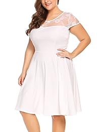 Involand Vestido con encaje y manga casquillo para mujer talla plus ajustado arriba y volado abajo clásico vestido para fiesta con cintura alta y encaje floral