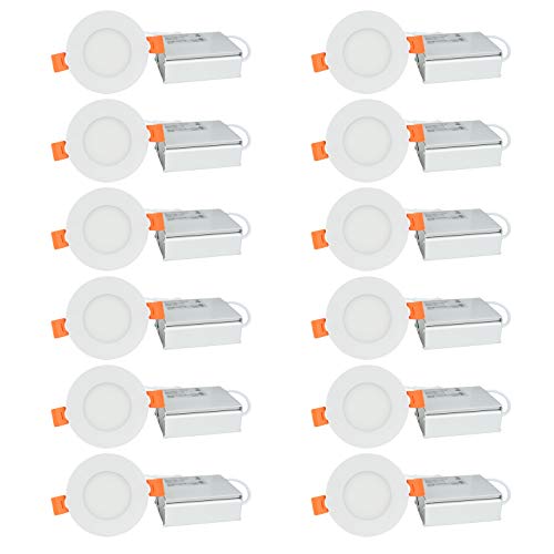 OSTWIN 3 inch IC Rated LED Recessed Low Profile Slim Round Panel Light with Junction Box, Dimmable, 6W (30 Watt Repl.) 3000K Warm Light 420 Lm, 12 Pack No Can Needed ETL & Energy Star Listed