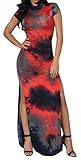 Bigyonger Women's Tie Dye Dress Vintage Short Sleeve Bodycon Cheongsam Dress