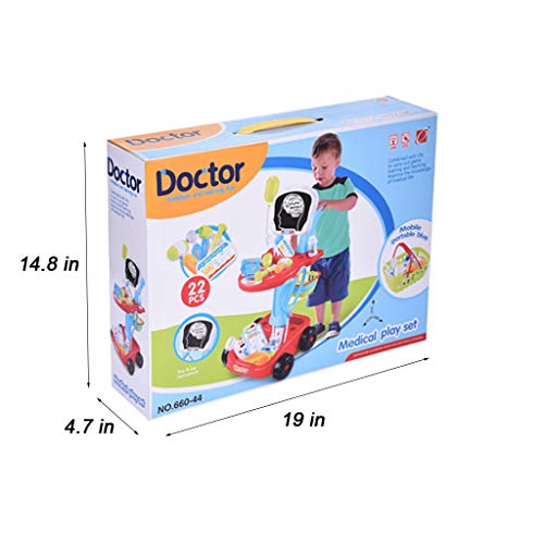 Childrens Doctor Pretend Play Set | 22 Piece Kids 2-Tier Doctor Trolley Playset with Electric Analog X-ray Screen & Medical Accessories Kit Stethoscope Toys | Educational Toy Gifts for Kids (Red) - Thumbnail 7