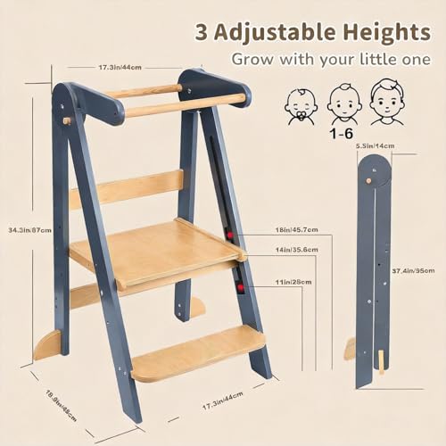 Learning Tower, Foldable Wooden Toddler Tower with Safety Rail, Kitchen Stool Helper, Standing Tower with 3 Adjustable Heights, Mother's Helper, Montessori Step Stools for Bathroom Sink