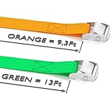 Long Tie Down Lashing Cam Lock Buckle, Securing Adjustable Cargo Straps for Roof Rack, Kayak, Canoe, Tie Down Straps, 1in x 9.3 and 13-Foot Long up to 600lbs, 2 Pack, Green and Orange