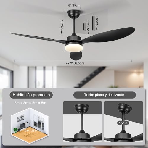 Ventilador de techo moderno de 42" con luz LED, 3 aspas ABS negras, control remoto, 5 velocidades, luz regulable, interiores y exteriores