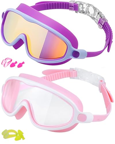 Kids Swim Goggles 2 Pack Pool Goggles Anti-Fog Anti-UV Wide View No Leaking Swimming Goggles for Children 3-14