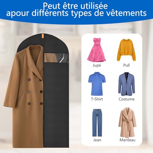 Sevenpers Lot de 6 housses de vêtements anti-mites translucides avec fermeture éclair, imperméables, anti-acariens, respirantes, 60 x 120 cm, noir