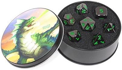 Metal Dice Polyhedral Set of 7 Dragon's Breath Black D&D RPG Black with green numbers
