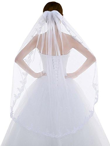 Onlylover Women's 1T 1 Tier Tulle Bridal Wedding Veil with Embroidered Hem (white)