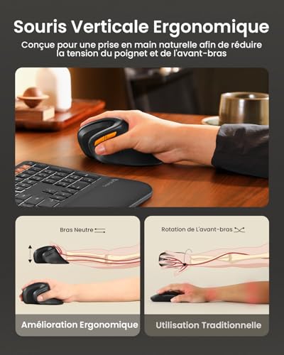 ProtoArc EM11 NL Ergonomic Wireless Mouse, Rechargeable Vertical Mouse with 3 Device Ports (2 x Bluetooth & USB), Silent Mini Mouse for PC, iPad, Mac, Windows – Black