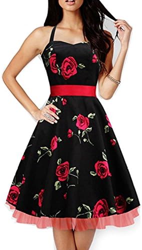 Davikey Women's Sleeveless Vintage Dress Halter Backless Floral Dresses RedMedium