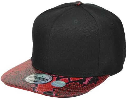 Black Red Solid Faux Snake Skin Flat Bill Snapback Blank Constructed Hat Cap