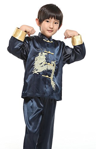 Suimiki Traditional Chinese Dragon Kung Fu Outfit Tang Suit for Boys Navy 16