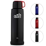 Mountain Source Stainless Steel Water Bottle Thermos, Insulated Water Bottle with 2 Leak-Proof Caps, 27oz - 3 Colors, Double Walled Vacuum Construction - Perfect for Hot and Cold Drinks (Dark black)
