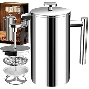 KICHLY – Roestvrij staal FRENCH PRESS/Franse Pers Koffiezetapparaat 34oz (1.0 Liter) met 3 Niveau Filtersysteem…