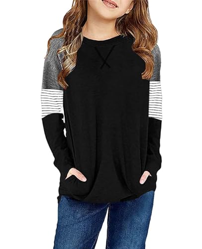 FOENLINTENSO GIRLS TOPS CASUAL LONG SLEEVE SHIRTS STRIPED COLOR BLOCK CREWNECK TUNIC BLOUSES WITH POCKET BLACK-10-11Y-XL
