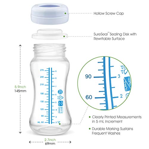 Wide Neck Breastmilk Collection n Storage Bottle 9oz; Remarkable SureSeal Disc. Fits Spectra S2