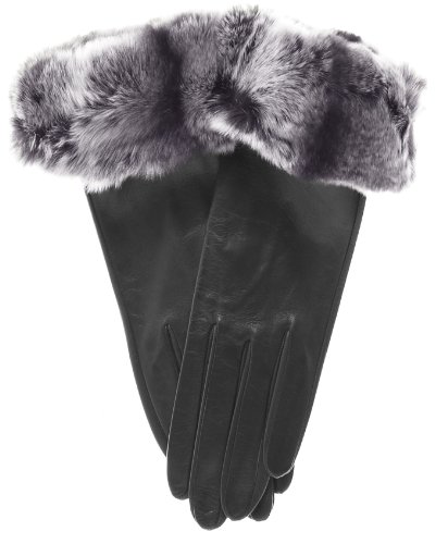 Fratelli Orsini Women's Orylag Rabbit Fur Cuff Cashmere Lined Leather Gloves Size 7 1/2 Color Black