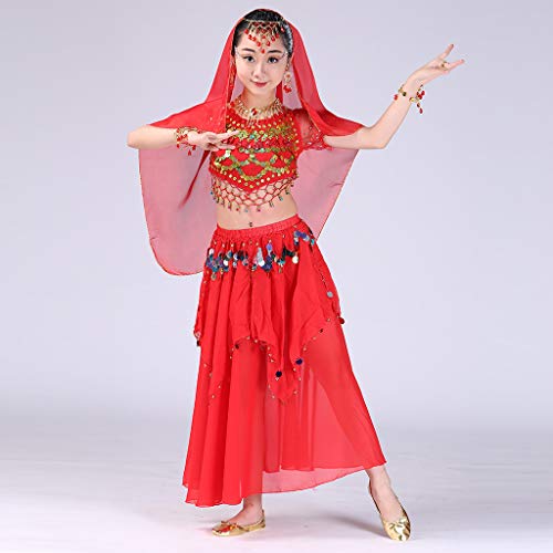 Kids Girls Belly Dance Halter Top Harem Dresses Costume Set Halloween Outfit with Head Veil Waist Chain and Bracelets